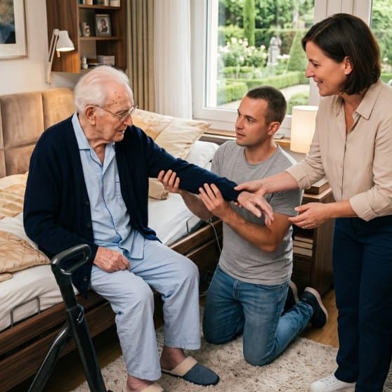 Pflegefachperson zeigt Angehörigen, wie sie den Vater stützen
